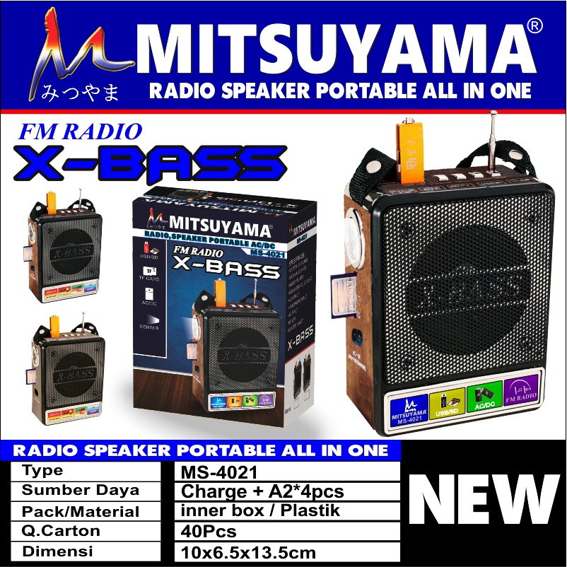 MS-4021 X-BASS Bisa Senter - Speaker Radio Portable AC/DC All In One MITSUYAMA MS-4021 FM/USB/TF car