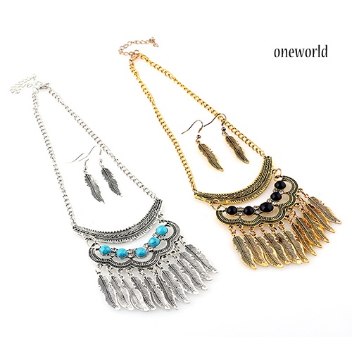 OW@ Women Vintage Leaves Tassels Pendant Choker Necklace Hook Earrings Jewelry Set