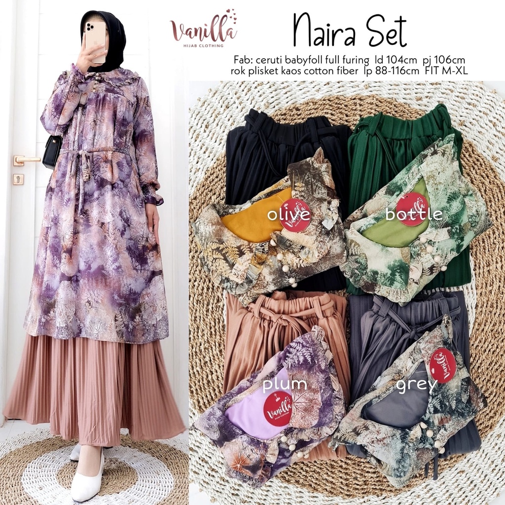 SETELAN WANITA MUSLIM DENGAN ROK PLISKET ~ BAHAN CERUTY BABYDOLL FULL FURING ~ NAIRA SET ORIGINAL VA