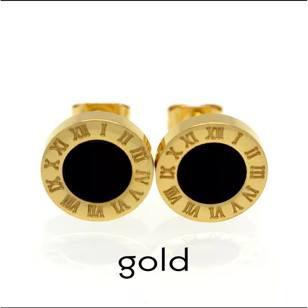Anting Titanium Stud B<lgr Angka Romawi Untuk Wanita dan Pria Warna Rose Gold, Gold dan Silver-Gold