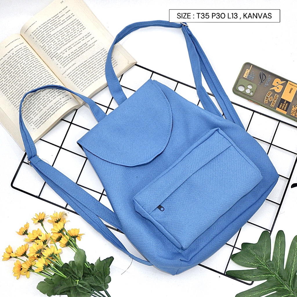 Bayar di Tempat COD Tas Ransel Serut Bahan Kanvas KANTONG Depan Ukuran Medium tas punggung wanita-Warna 582