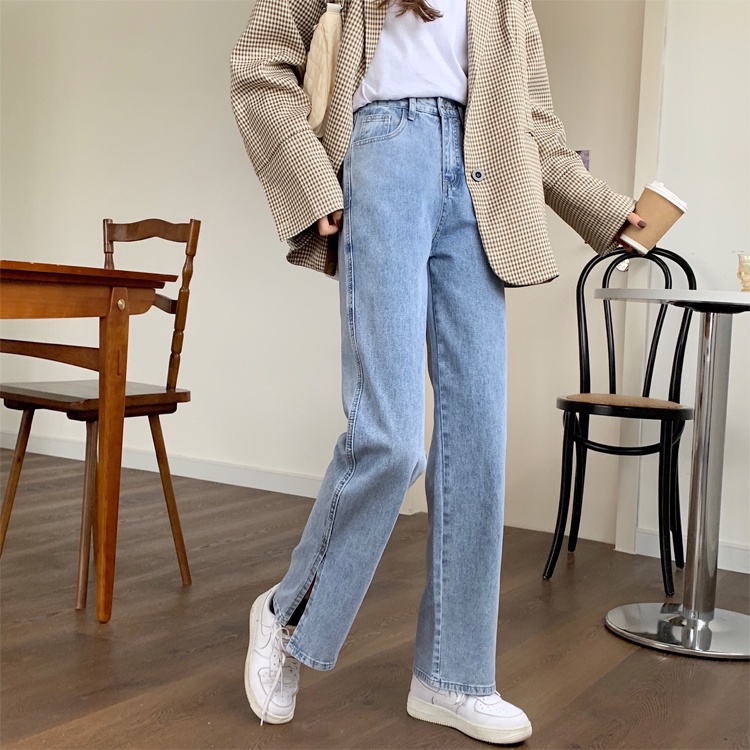 Celana Denim Wanita Lurus Longgar Baru Lebar Kaki Tinggi Pinggang