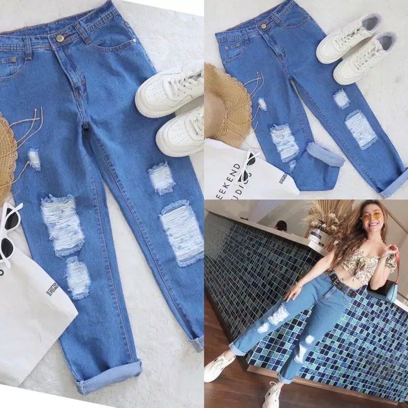 Magcun Store - Celana Panjang Jeans Wanita - High Waist Boyfriend Devira LONG Ripped Lapis Furing