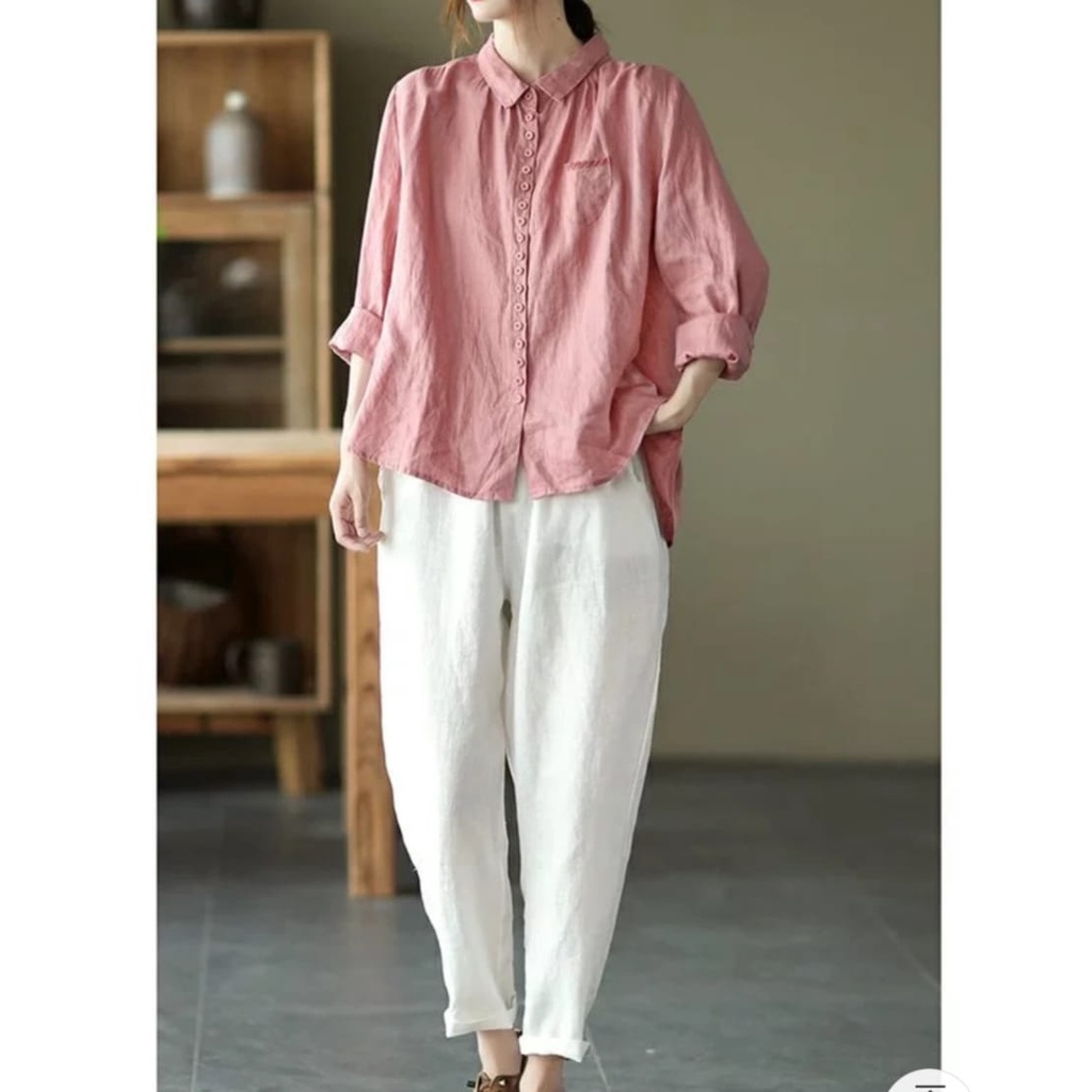 [Basica Moda] 9875 Atasan Baju Kemeja Wanita Amadea Linen Import