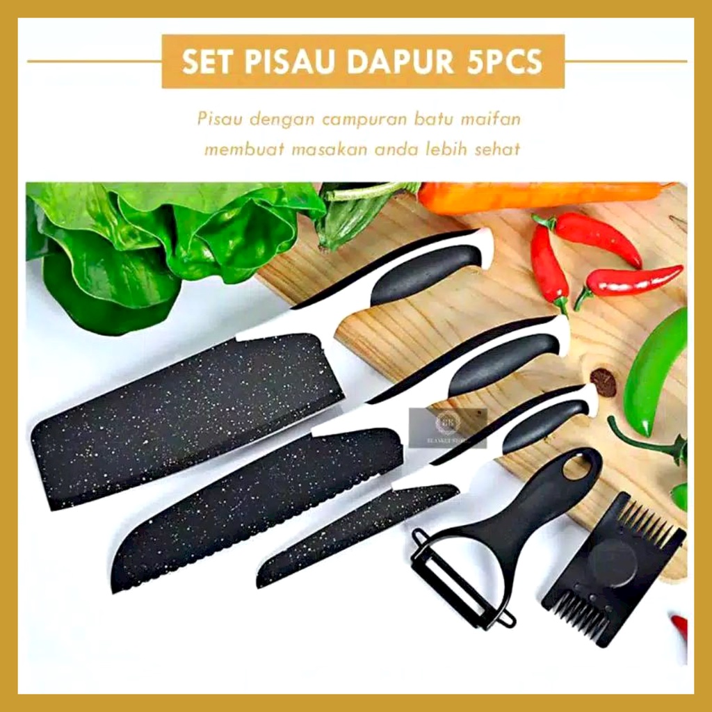 Pisau Set Dapur Isi 5 Pcs Pisau Viral Kitchen Knife Set Ceramik Pisau Dapur + Peeler Hitam J13 Pisau Memasak Serbaguna GOSHOP88