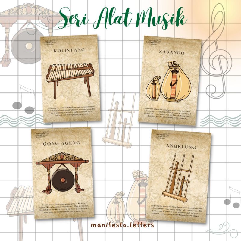 Postcard Alat Musik Tradisional | Kartu Pos Sasando | Angklung | Gong Ageng | Kolintang | Daerah