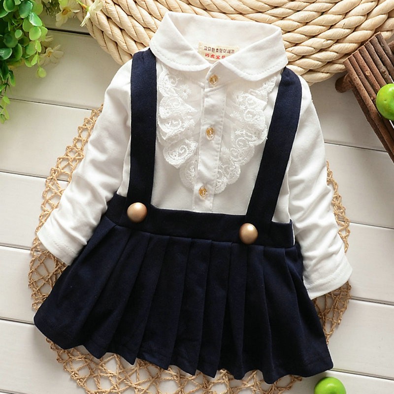 Korea Baby Girl Sweet Floral Cotton Ruffle Lapel Pleated Long Sleeve Dress