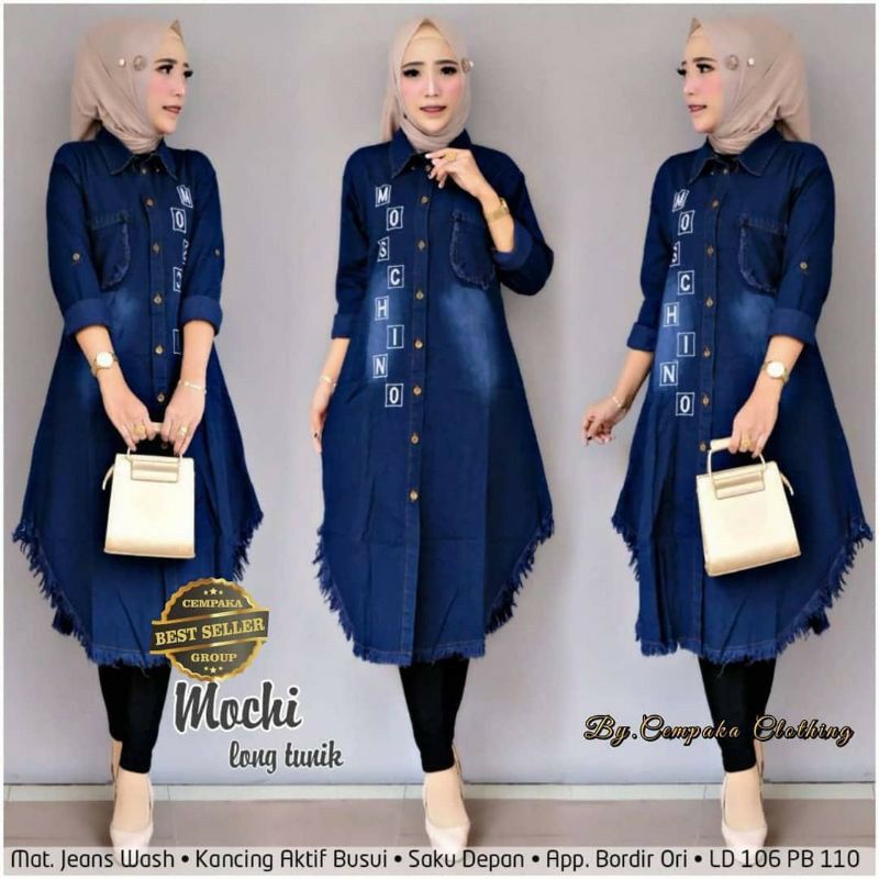 Mochi Long Tunik Jeans / Tunic Lepis Kekinian / Baju Tunik bordil RJ