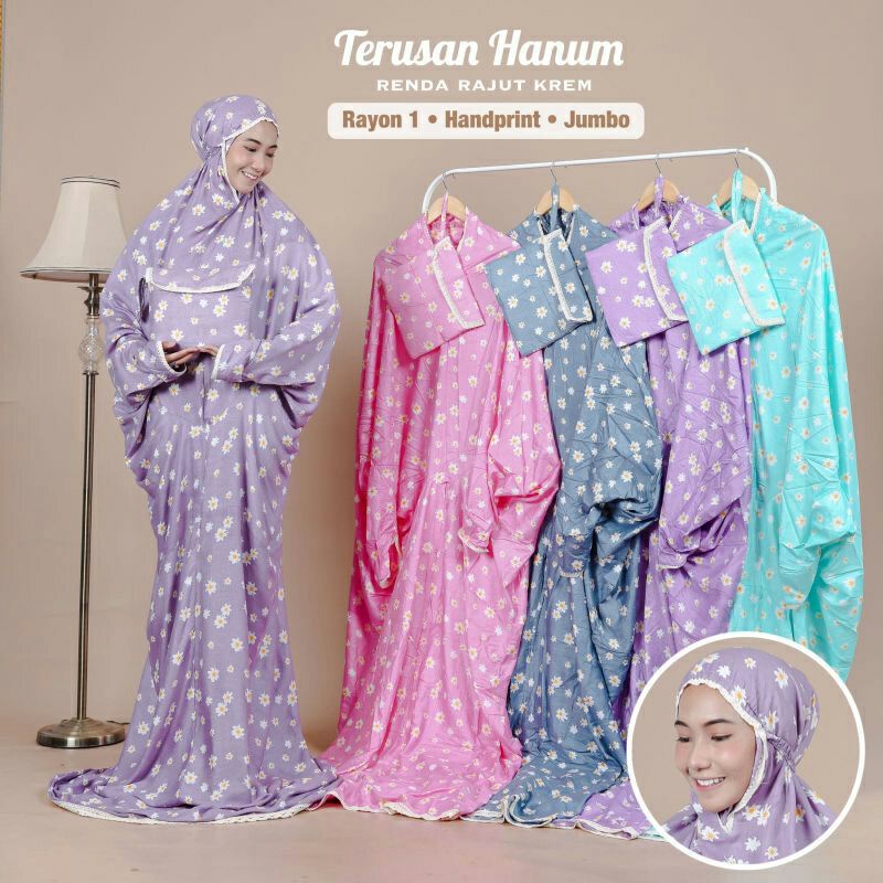 Mukena terusan hanum /mukena terusan dewasa/mukena terusan rayon/mukena motif bunga