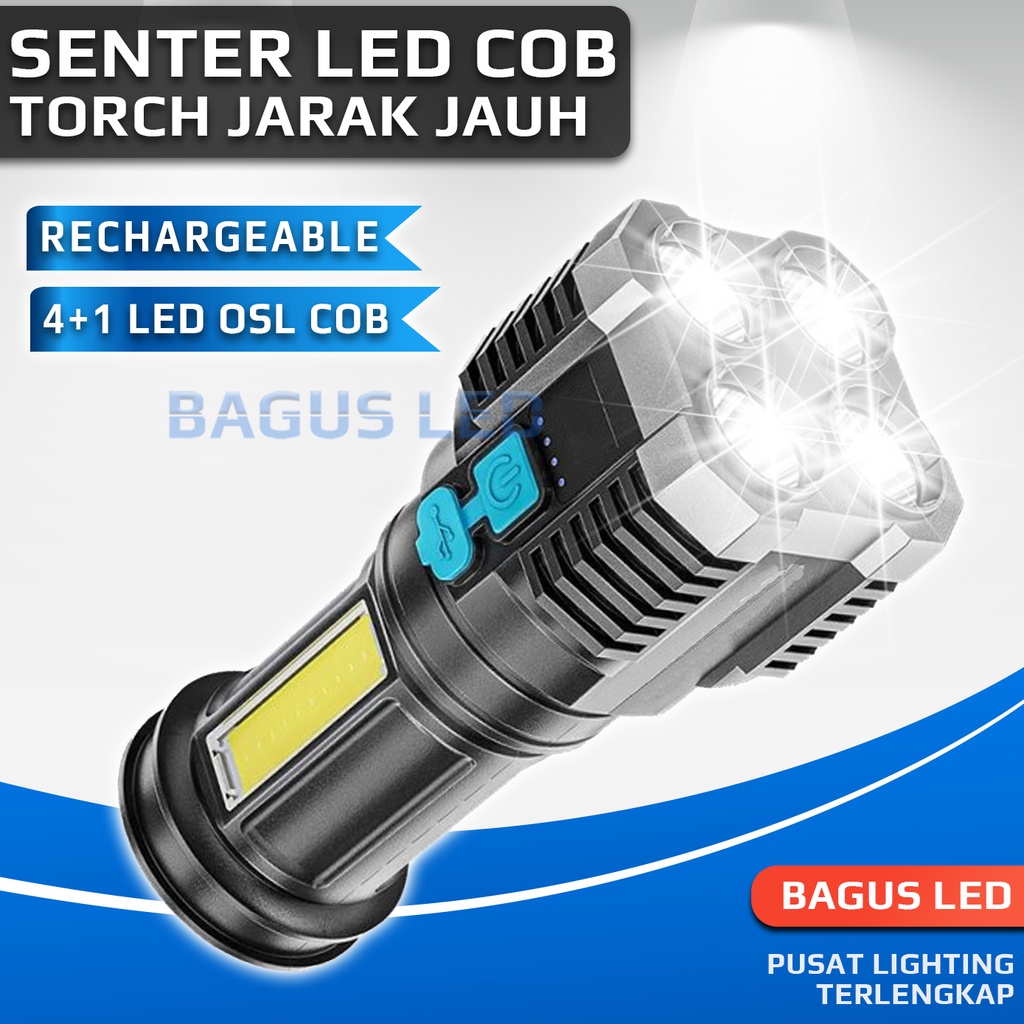 Lampu Senter COB LED Super Terang Jarak Jauh Torch USB Rechargeable
