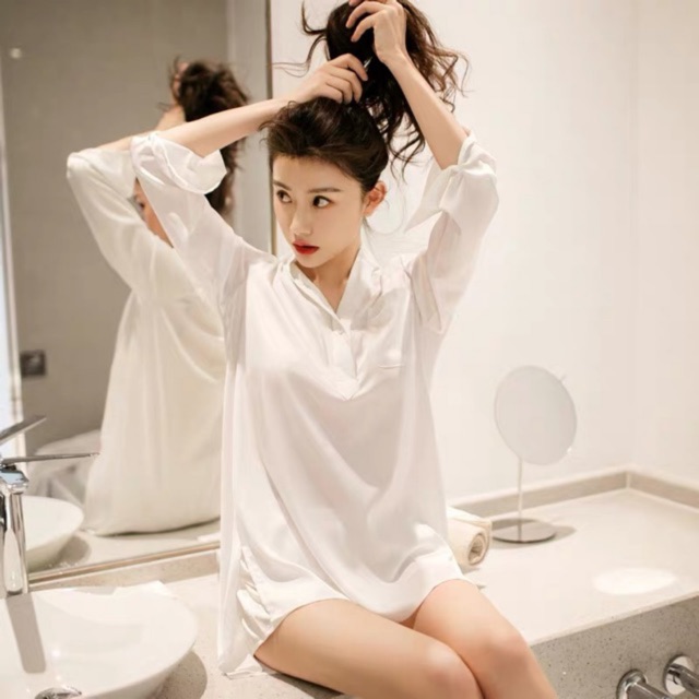 zu9042 Babydoll Berkerah Kemeja Kantong Lingerie Sleepwear Chiffon Putih White Hitam Blac kAa8495 Bb1490-2