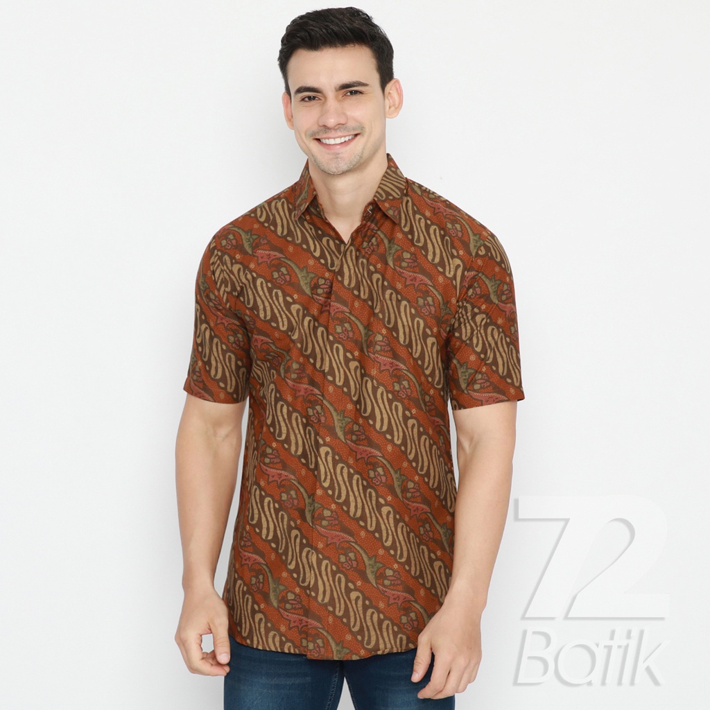 BATIK COUPLE MODERN Kemeja Rok Lilit Instan Batik Pria Lengan Pendek Premium Motif Parang Oange 721060 CAP 72