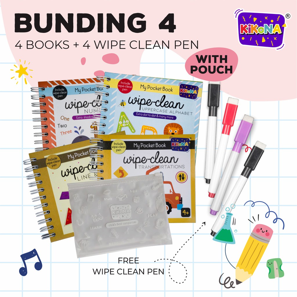 

Paket Bundling -4 BOOKS Wipe Clean Series with POUCH (FREE 4 spidol wipe clean) - buku saku