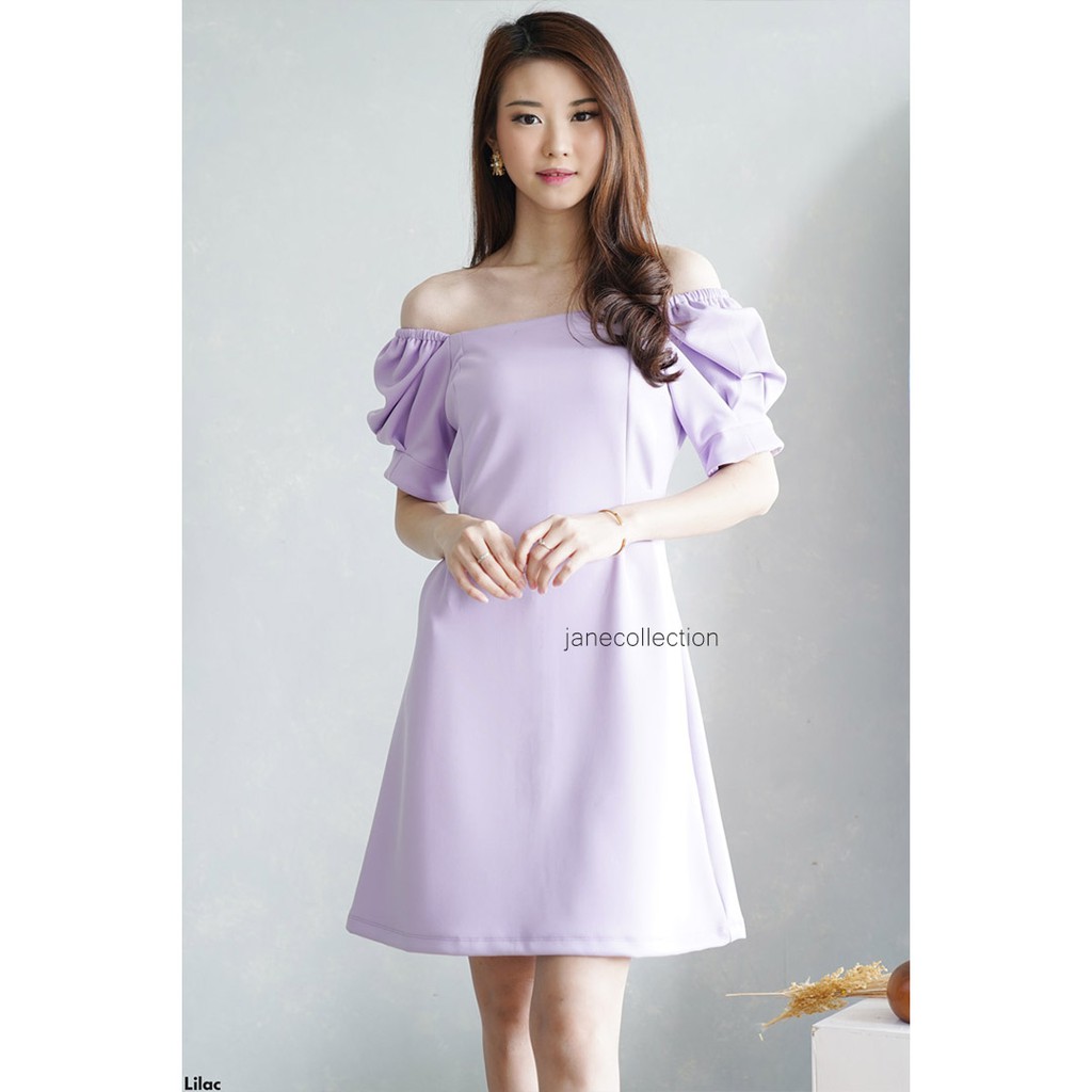 JANE COLLECTION || Dress Sabrina Wanita Square Neck Lengan Balon Dress Takara Hitam Putih Lilac Pink