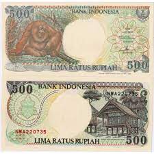 Uang jadul lawas lama Rp 500 Rupiah tahun 1992 orang utan monyet duduk Uang kuno kertas mulus
