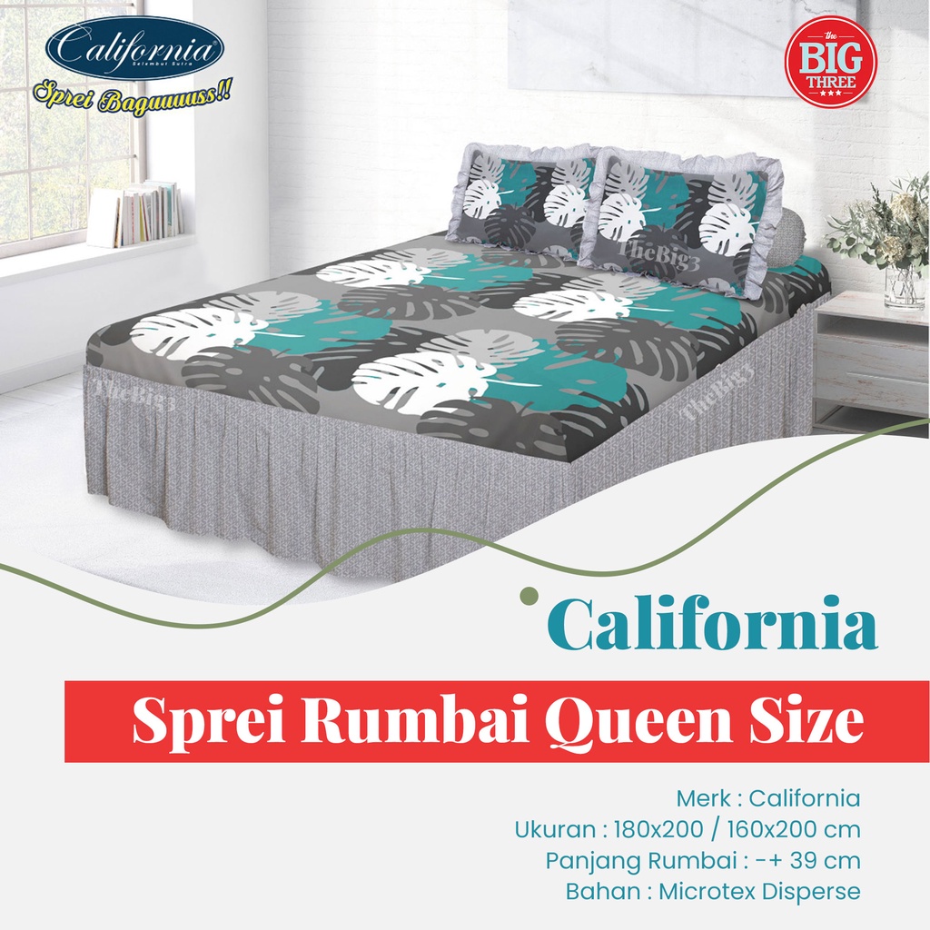 CALIFORNIA Sprei RUMBAI 180x200 / 160x200 motif AYARA ABELIA SHABA MOALA GREEN SAPPHIRE VERENA POLKA KEI AIRA ROYAL CHEESE NAURA MIRAH GEO GINNY BALENA METRICO ESME GLEN- 180 160 QUEEN Size Renda SP P3