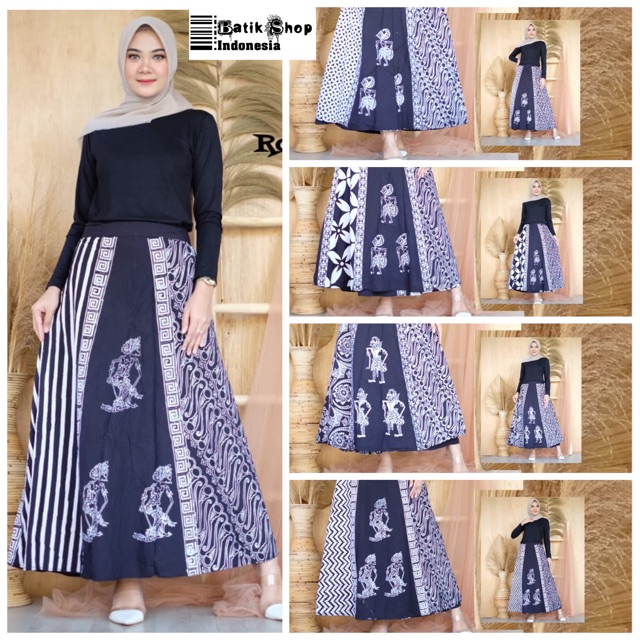 Rok Batik Cap Wayang Seling Motif Wanita Muslim Modern Monochrome Hitam Exclusive Monokrom