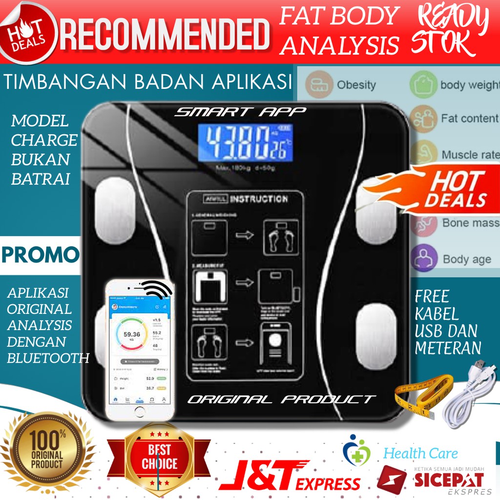 Timbangan Badan Digital Aplikasi Bluetooth Pengukur Berat Badan Body ...