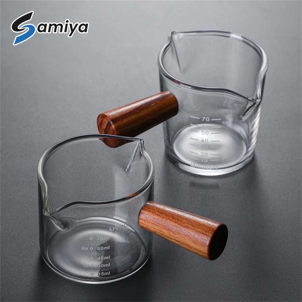 milk jug pot 75ml double mouth wooden handle / gelas takar ukur kopi espresso gula susu gagang kayu 75ml double spout measuring cup