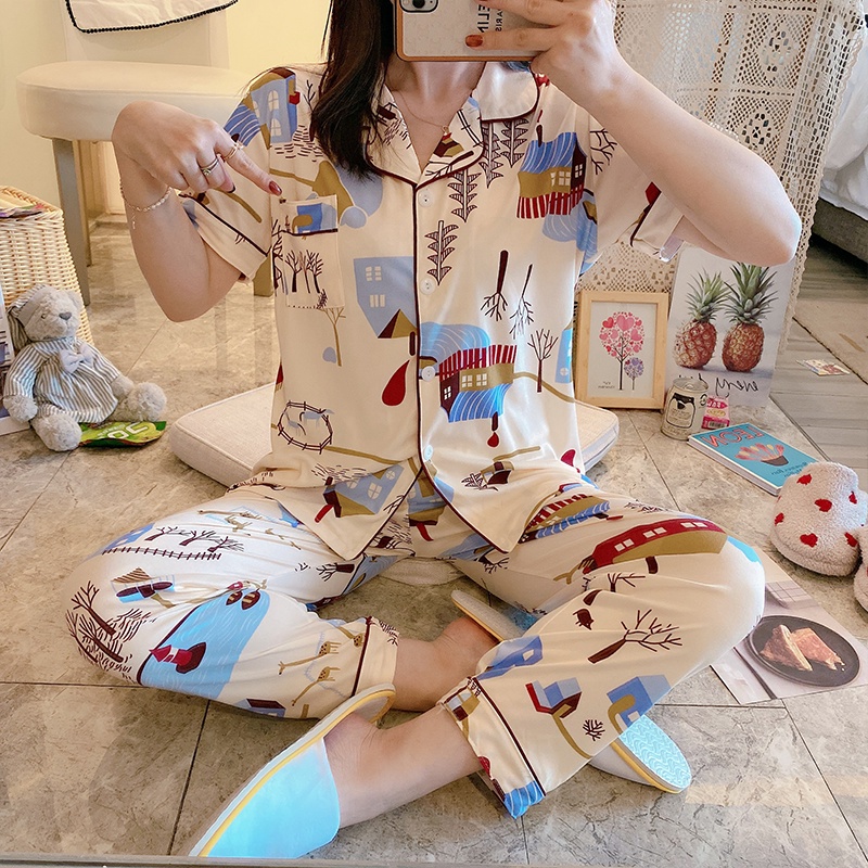 Piyama Baju Tidur Wanita Import Fashion Karakter CP Kerah Kemeja Lengan Pendek Celana Panjang-7424