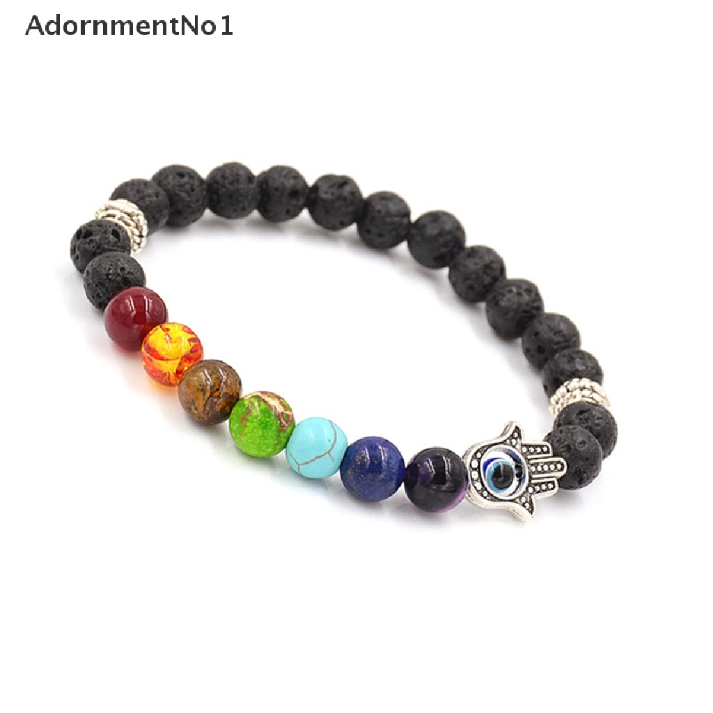 (AdornmentNo1) Gelang Tangan Batu Lava Aksen Tangan Hamsa + Kristal + Chakra Untuk Penyembuhan Reiki