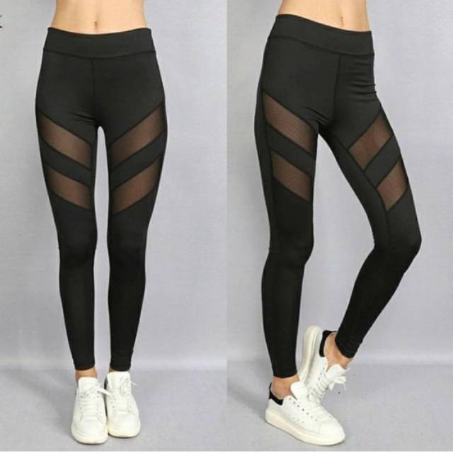 Celana Legging Panjang Tile Transparan T925 All Size / Celana Sport Olahraga Gym Yoga Premium Hitam Navy Tile Garis Transparan