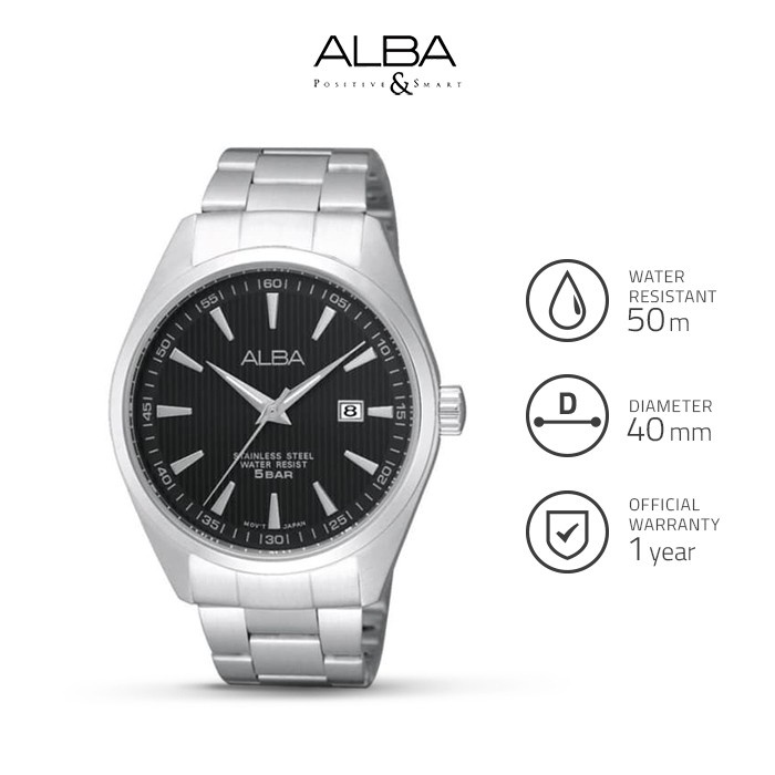 Alba Prestige Jam Tangan Pria AG8387 / AG8387X1 Quartz Black Dial Stainless Steel Strap Watch