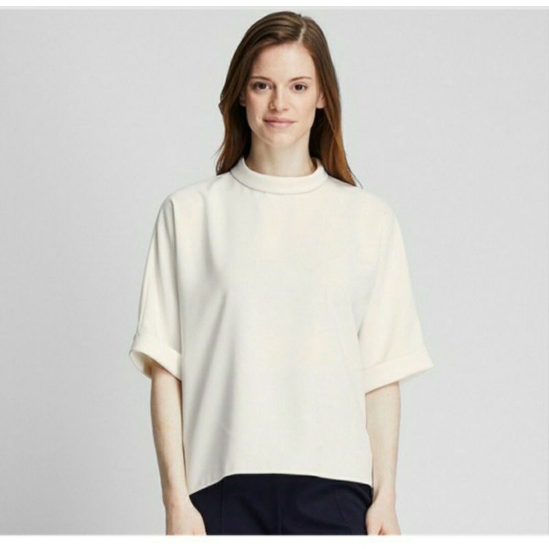 NEW Original UNIQLO Women blus drape mock neck lengan half white