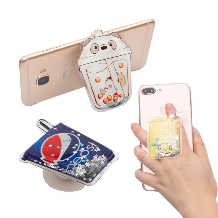 Grosir - 679 Pop Socket Glitter Liquid Karakter Disney Bubble Tea Pikachu / Quicksand / Stand HP