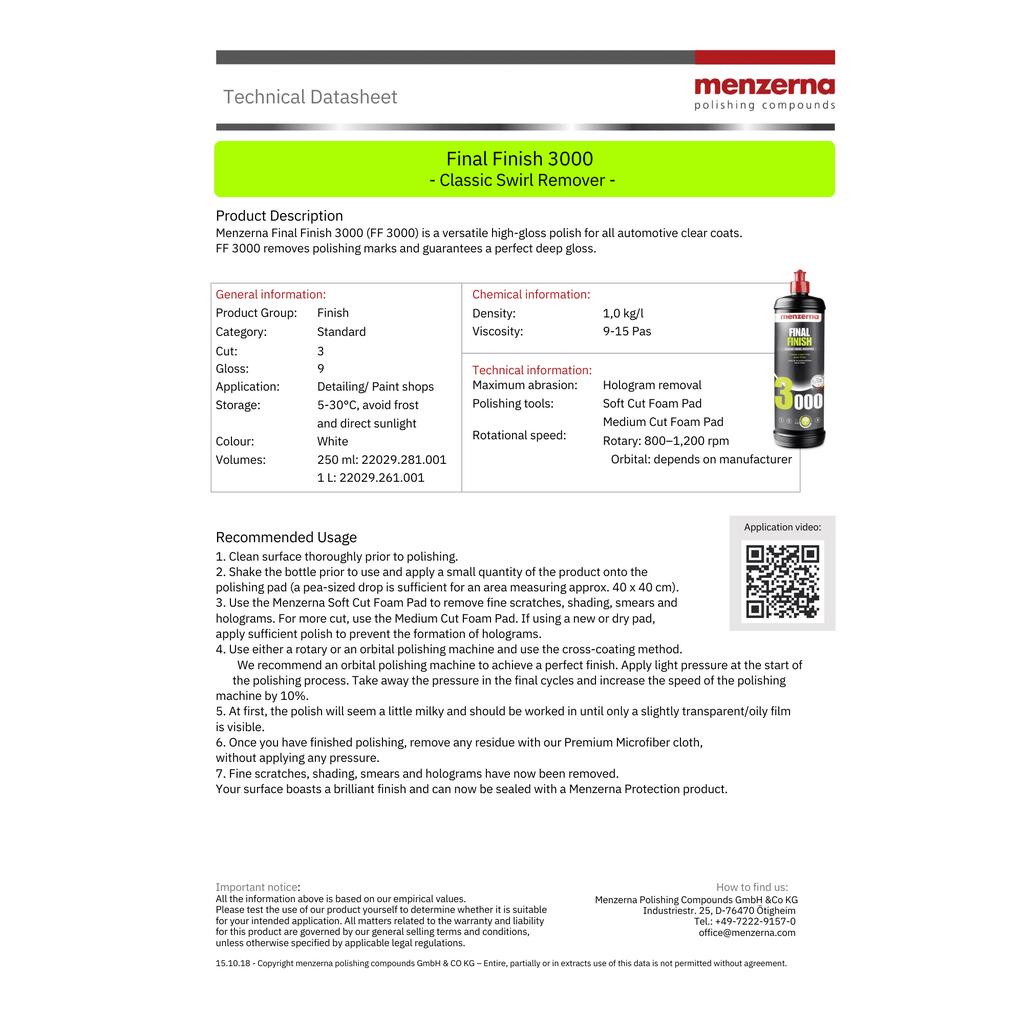 MENZERNA Final Finish 3000 250 ml Ecer Polish High Gloss Kompon Halus Penghilang Baret Halus Motor Mobil Penghapus Swirl Mark Hologram Laba Laba Pembersih Lecet Goresan Ringan Pengkilap Pengkilat Cat Waterbase
