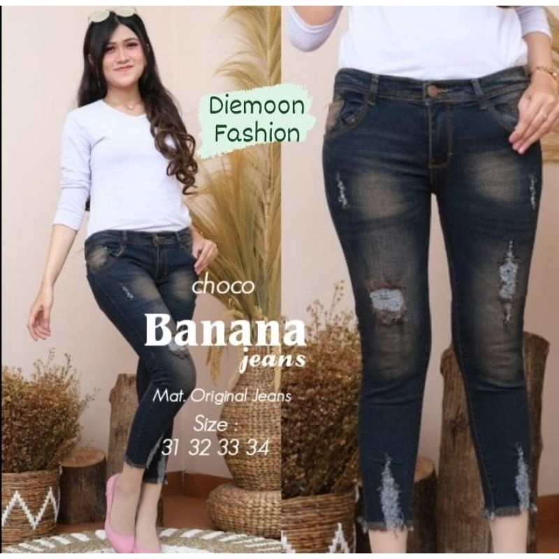 BANANA JEANS PANTS 7/9 SOBEK DEPAN BAWAH Ripped Jeans Rekomedasi Influencer Tik Tok