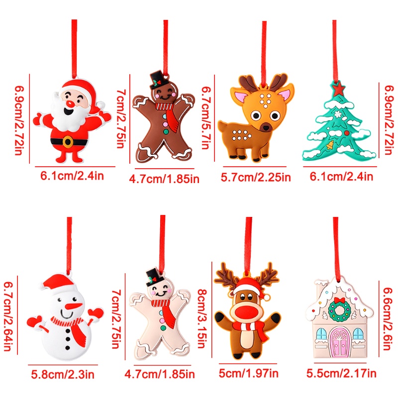 8pcs Ornamen Gantung Desain Kartun Santa Elk Mini Bahan PVC Untuk Dekorasi Pohon Natal Charms