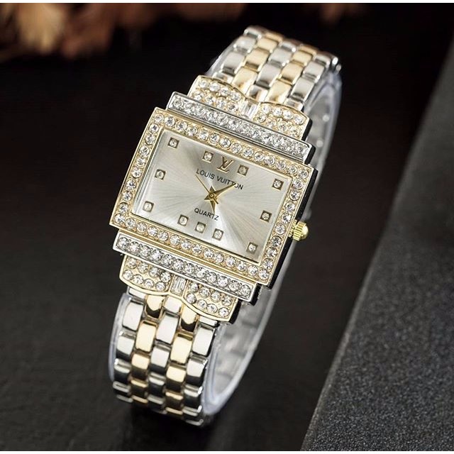 Jam Tangan LV Cewek | Jam Tangan Wanita / Cewek Murah LV Segi Diamond Kombi Gold plat White B_SWH
