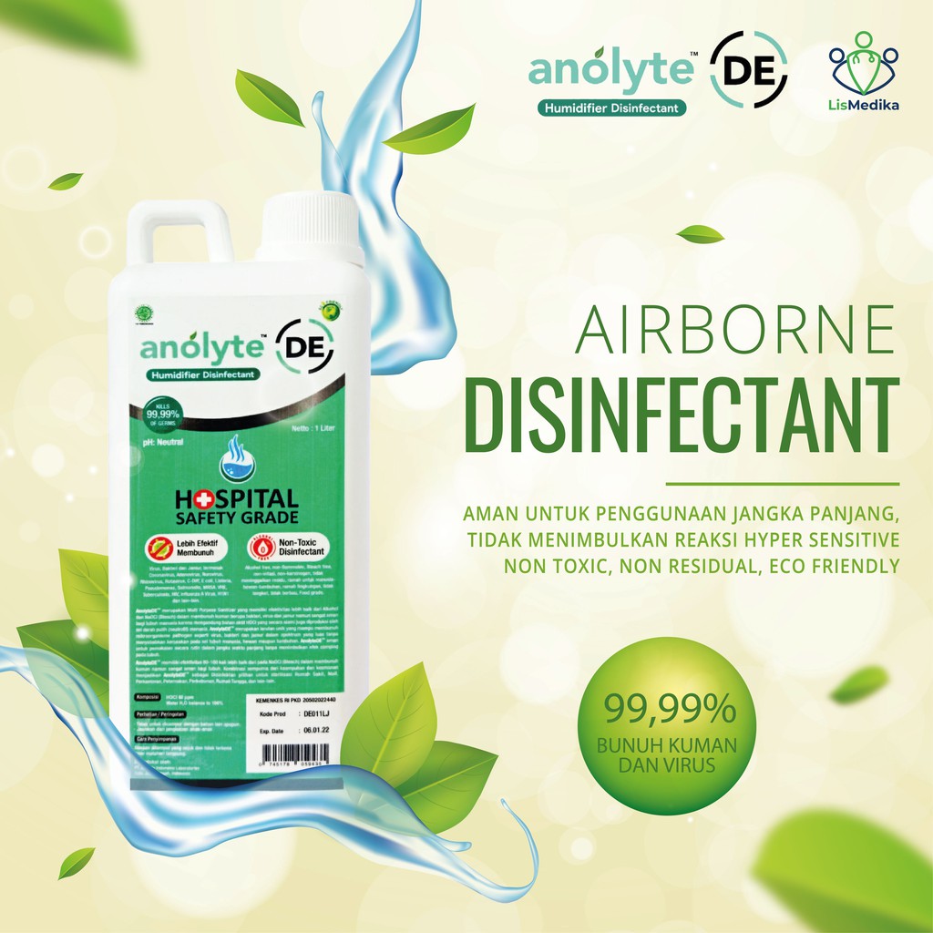 Cairan Humidifier Disinfektan 1 Liter Anolyte DE (HOCl), Air Disinfectant Diffuser Cepat Bunuh Kuman