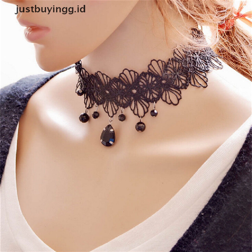 Kalung Choker Liontin Bunga Renda Warna Hitam Gaya Gothic Retro Untuk Fashion