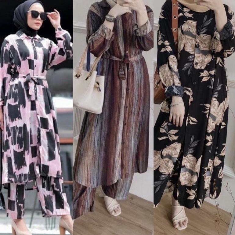 [KODE W7EDR] SETELAN LONG TUNIK JUMBO LD 120- 125 / SETCEL RAYON PREMIUM DAUN / TROPIKAL / omela / L