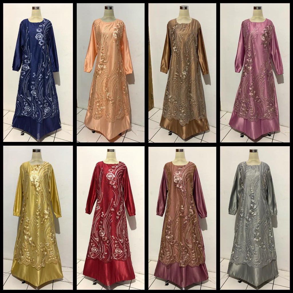 GAMIS RAYA FULL - LEBARAN SATEN SATIN TILE BRUKAT MUTIARA