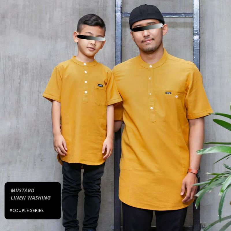 SAVIQ KURTA COUPLE WARNA MINT DAN MUSTARD BAHAN LINEN/ KOKO DEWASA WARNA MUSTARD / KOKO ANAK 2TH-12T