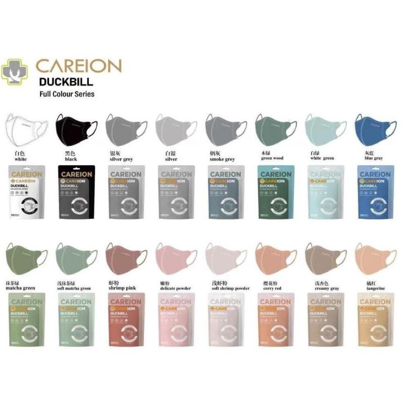 READY MASKER DUCKBILL CAREION CARE ION FULL COLOURS SERIES MATCHA SHRIMP PINK GREY ABU ABU ISI 50 LBR PER PACK 3 PLY