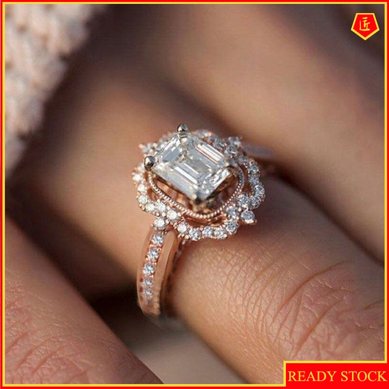 [Ready Stock]Rose Gold Square Diamond Ring Fashion Exquisite