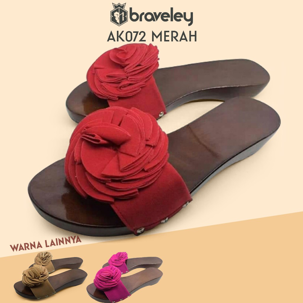 SANDAL KAYU FLAT KELOM GEULIS BUNGA CANTIK SENDAL WANITA UNIK BRAVELEY AK072