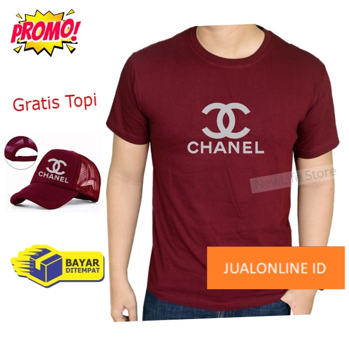 Beli Baju Gratis Topi - Kaos Distro Chanel Silver Premium Pria Wanita Lengan Pendek