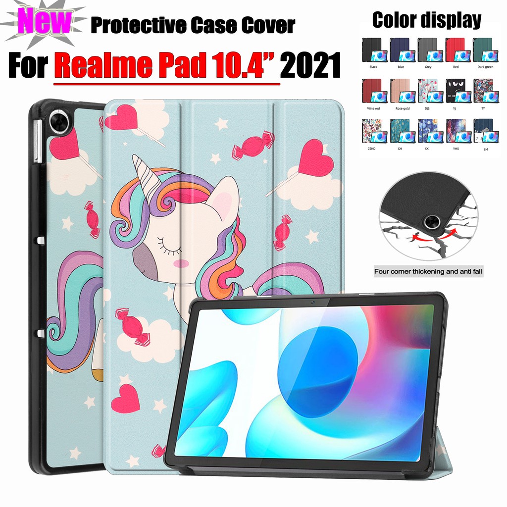 [Ready Tempat] Untuk OPPO Realme Pad 10.4 &quot;2021 RMP2102 RMP2103 10.4 inch Tablet Perlindungan Case Tri-Fold Warna Solid Fashion Dicat Flip Leather Cover Fold Stand