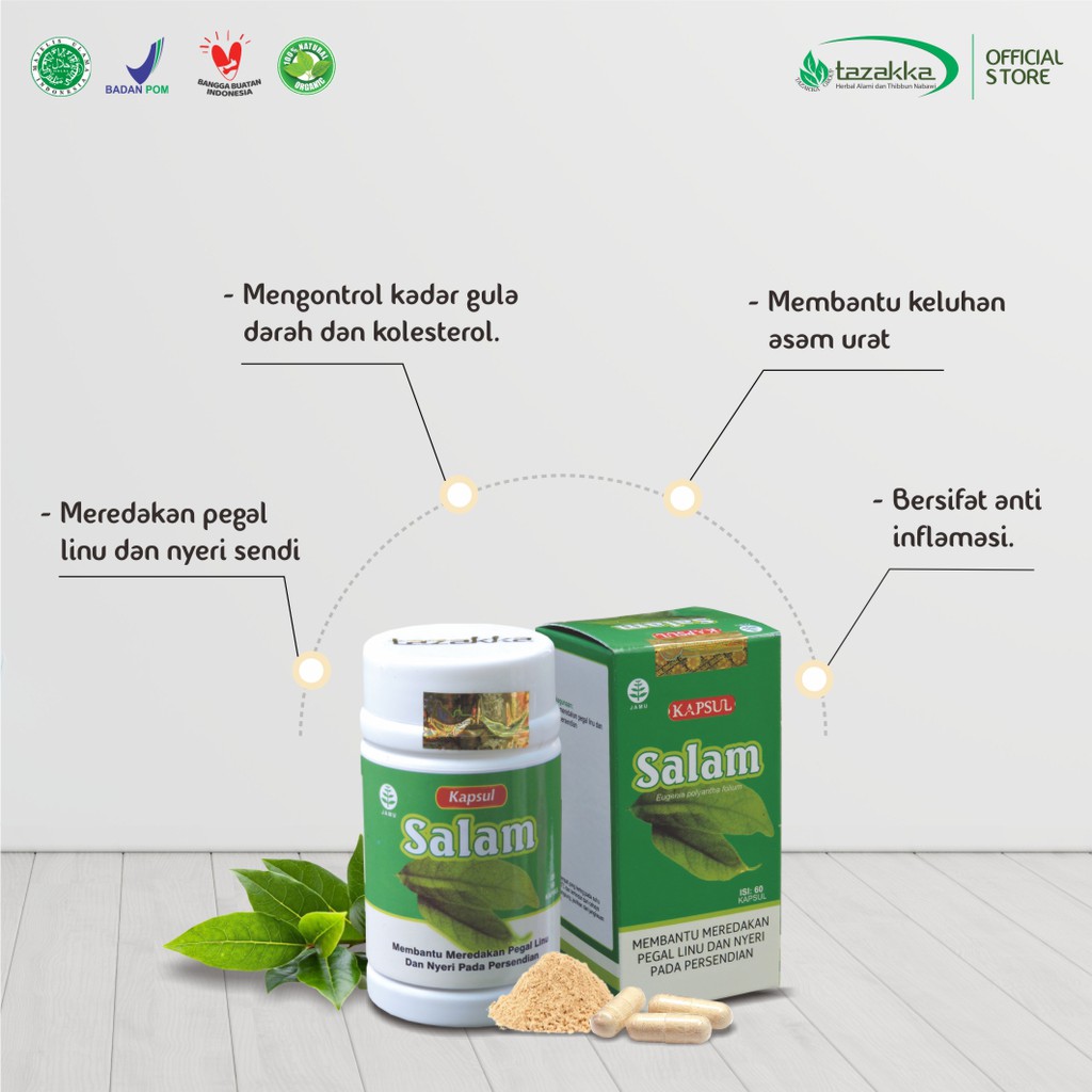 Obat Pegal Linu | Obat Nyeri Sendi | Kapsul Herbal DAUN SALAM Tazakka HALAL BPOM Original isi 60