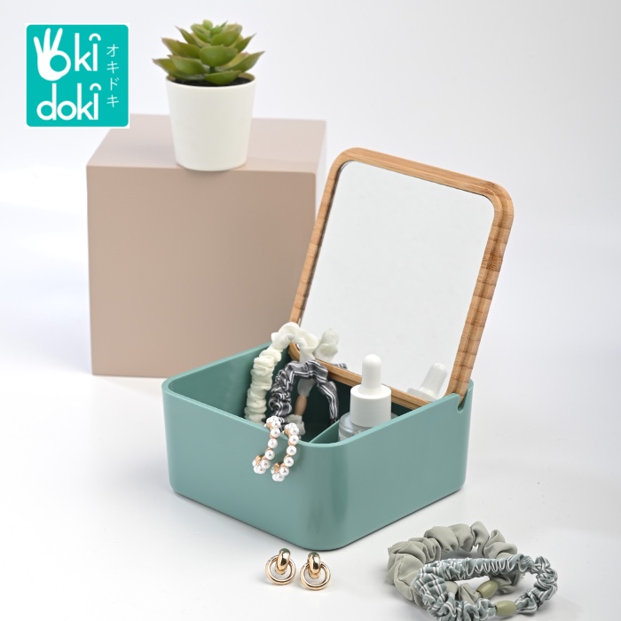 OKIDOKI Organizer Box TB-1872 14x14x7 cm Green - Storage Box + Cermin - Makeup Organizer