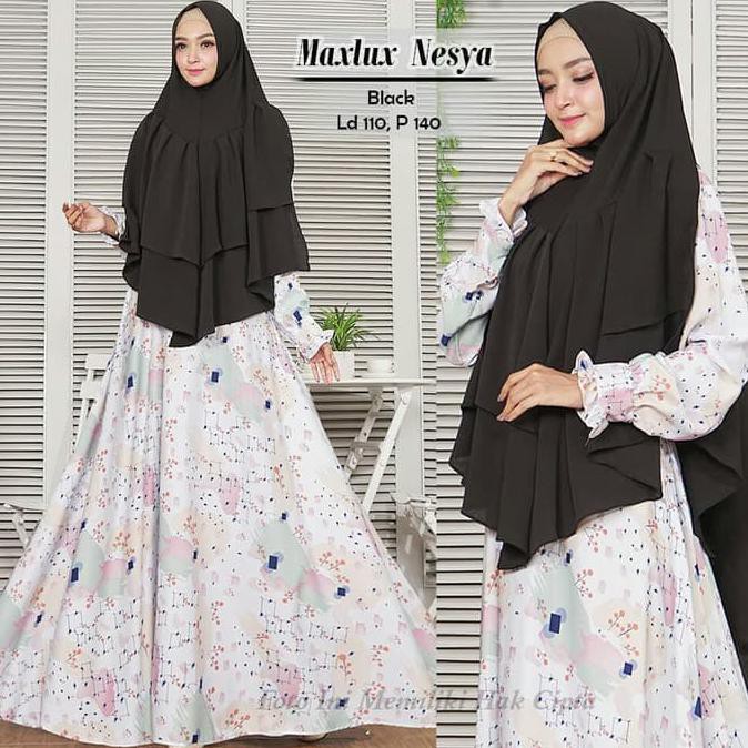 BAJU GAMIS SYARI SYARII MUSLIM NESYA HITAM MEWAH BONUS KHIMAR
