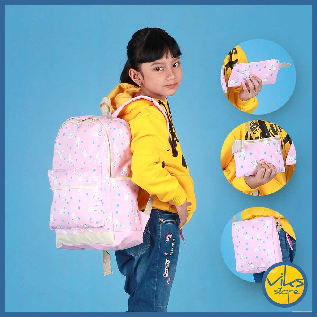 Tas Sekolah Anak Perempuan Cewek Tas Punggung | Tas Ransel | Backpack Premium 4In1 Pink Lucu Simple