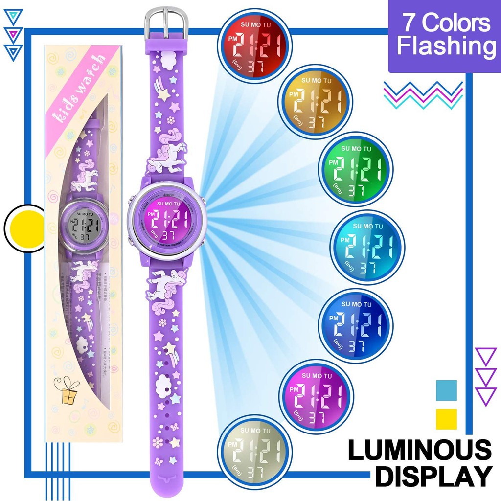 Jam Tangan Anak Kartun 3D Tahan Air dengan 7 Warna Lampu, Jam Digital Pergelangan Tangan Anak dengan Alarm dan Stopwatch untuk Anak Perempuan Usia 3-10 Tahun