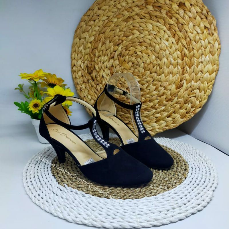 Heels wanita warna hijau warna hitam - sandal wanita korea - heels wanita hak lancip Pd334-5