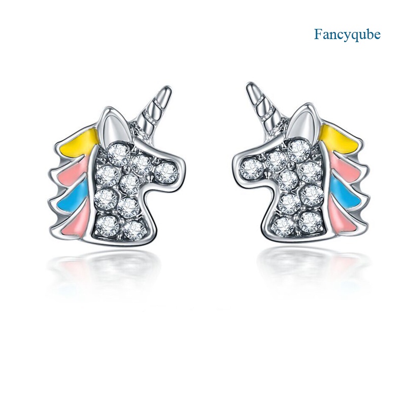 Fancyqube Anting Stud Enamel Kristal Bentuk Hewan Unicorn Warna Silver Untuk Wanita